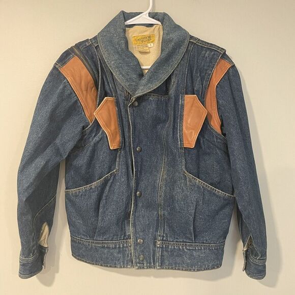 Vintage Jean Jacket Zip Off Sleeves Lined Snaps 1980s Faux Leather Accents Sz 7 - Picture 1 of 10